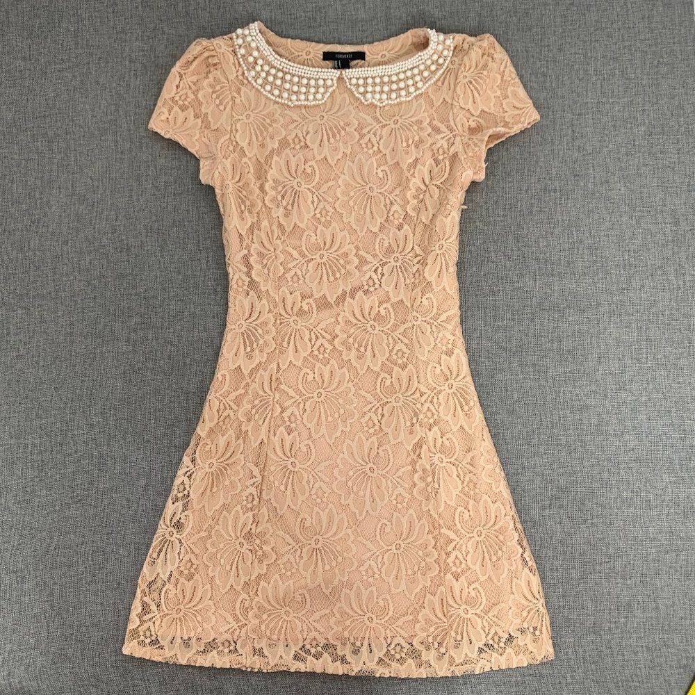 Forever 21 Lace Mini Dress Pearl Collar Neckline Small Lined Cap Sleeve